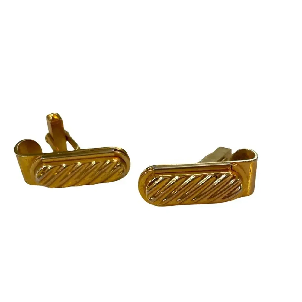 Vintage Gold Cuff‎ Links Mens Art Deco Ribbed Bar 1970s Retro Formal Event